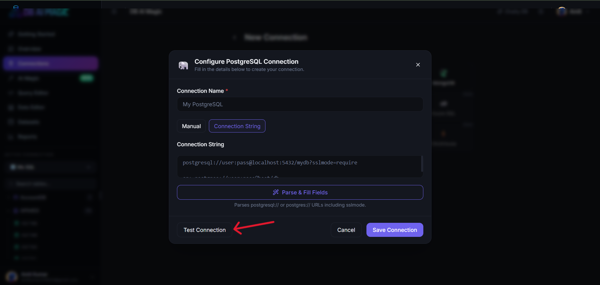 Adding a new connection — engine picker on the left, form on the right.